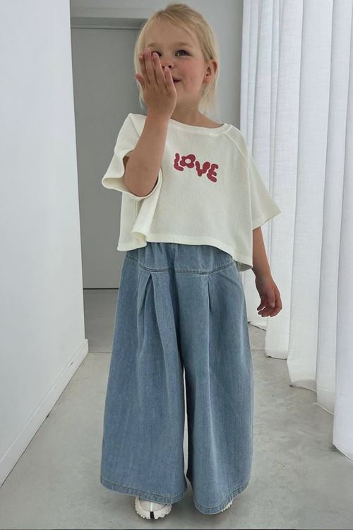 Miniğimin Cicileri Love Kot Bol Pantolon ve Tşört Kız Çocuk Takım - Açık Mavi