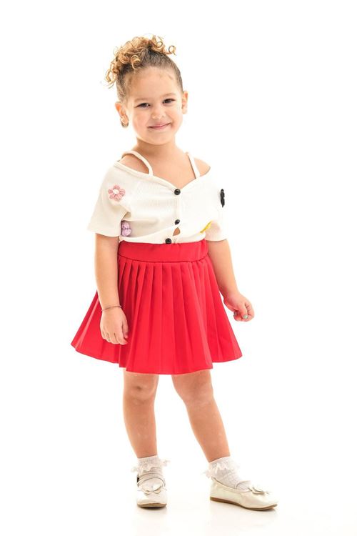 Miniğimin Cicileri Örgü Çiçek Detaylı Pileli Etekli Kız Çocuk 2 li Takım - Kırmızı