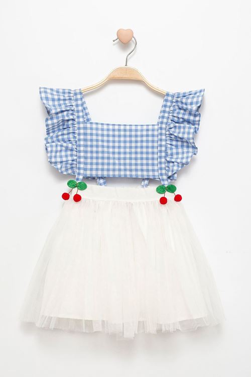 Miniğimin Cicileri Kiraz Detaylı Pötikare Tül Kız Çocuk Elbise - Mavi