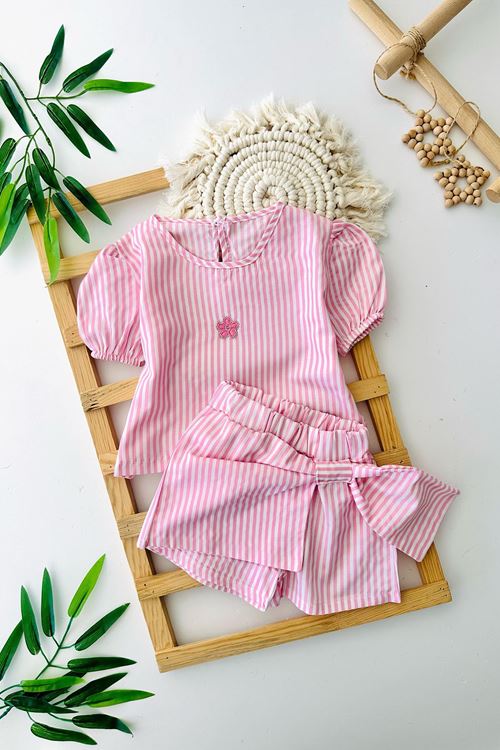 Miniğimin Cicileri Çiçek İşleme Detaylı Kız Çocuk Şortlu Takım  - Pembe