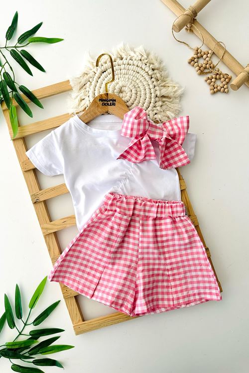 Miniğimin Cicileri Fiyonk Detaylı Pötikare Şortlu Kız Çocuk 2 li Takım - Pembe