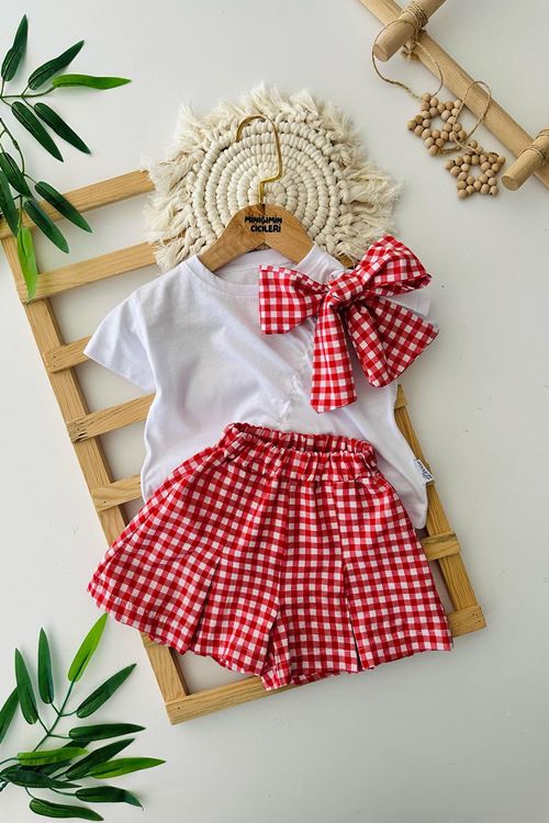 Miniğimin Cicileri Fiyonk Detaylı Pötikare Şortlu Kız Çocuk 2 li Takım - Kırmızı