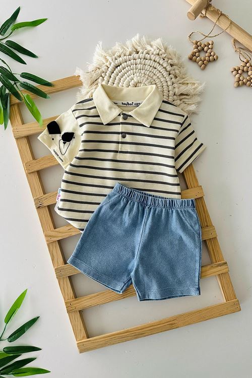 Miniğimin Cicileri Lacost Sevimli Ayıcıl Detaylı Çizgiliz Erkek Bebe Takım - Antrasit