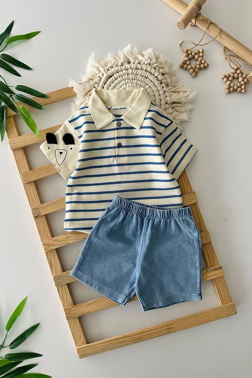 Miniğimin Cicileri Lacost Sevimli Ayıcıl Detaylı Çizgiliz Erkek Bebe Takım - Mavi