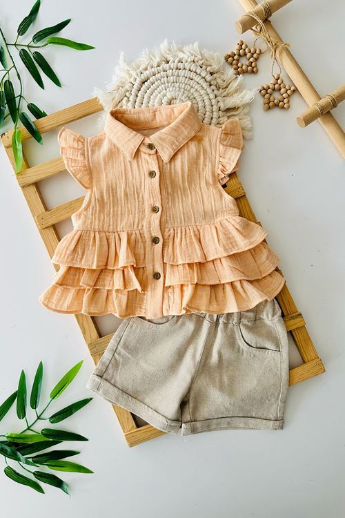 Miniğimin Cicileri Müslin Fırfır Detaylı Kız Çocuk Şortlu Takım - Kavuniçi
