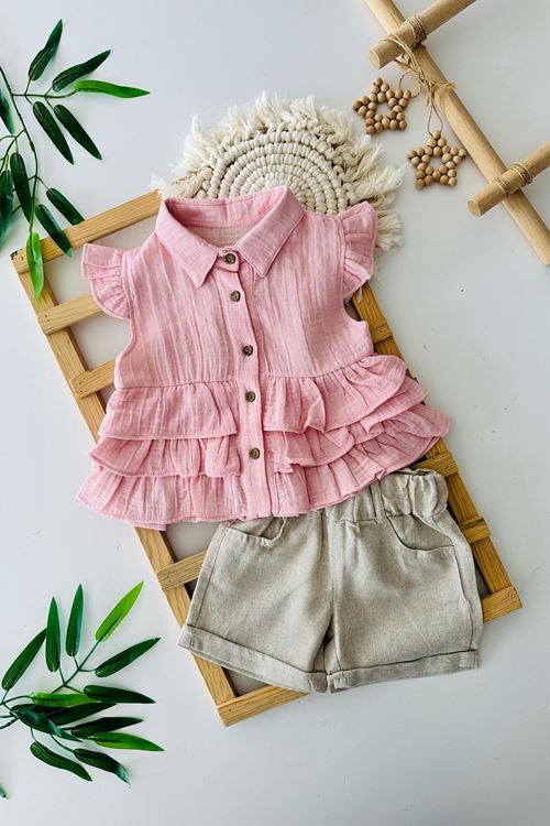 Miniğimin Cicileri Müslin Fırfır Detaylı Kız Çocuk Şortlu Takım - Pembe