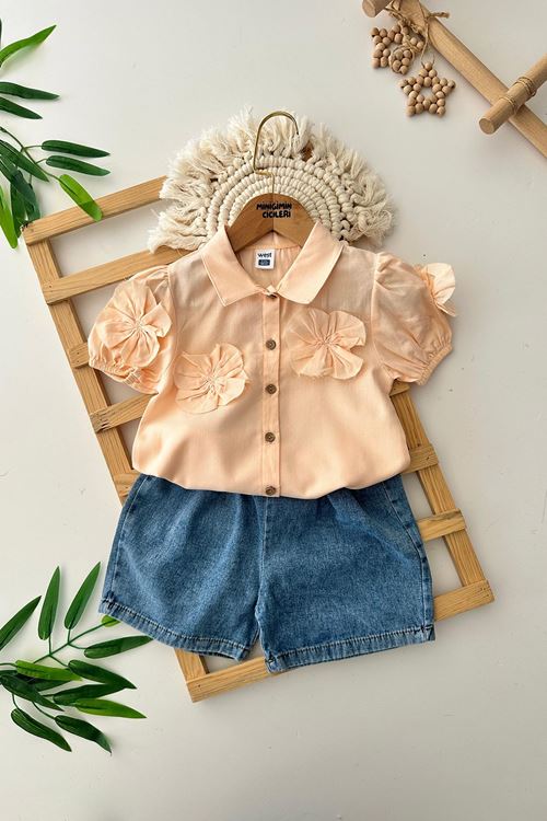 Miniğimin Cicileri Gül Detaylı Pamuk Gömlekli Kot Şortlu Kız Çocuk Takım - Kavuniçi