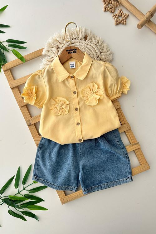 Miniğimin Cicileri Gül Detaylı Pamuk Gömlekli Kot Şortlu Kız Çocuk Takım - Sarı