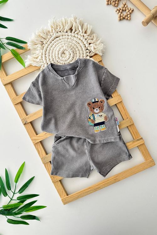 Miniğimin Cicileri Bear Panç İşleme Erkek Bebe Yumuşak kotlu Takım - Gri