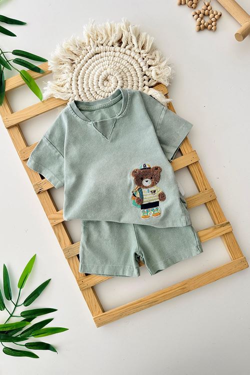 Miniğimin Cicileri Bear Panç İşleme Erkek Bebe Yumuşak kotlu Takım - Yeşil