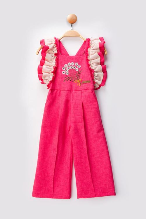 Miniğimin Cicileri Kolları Fırfır Detaylı Çiçek İşleme Kız Çocuk Tulum Salopet - Fuşya