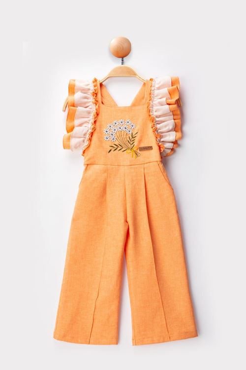 Miniğimin Cicileri Kolları Fırfır Detaylı Çiçek İşleme Kız Çocuk Tulum Salopet - Turuncu