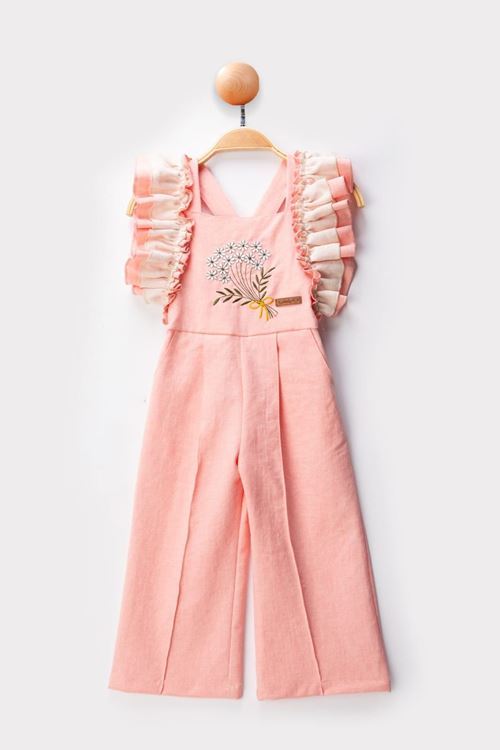 Miniğimin Cicileri Kolları Fırfır Detaylı Çiçek İşleme Kız Çocuk Tulum Salopet - Açık Pembe