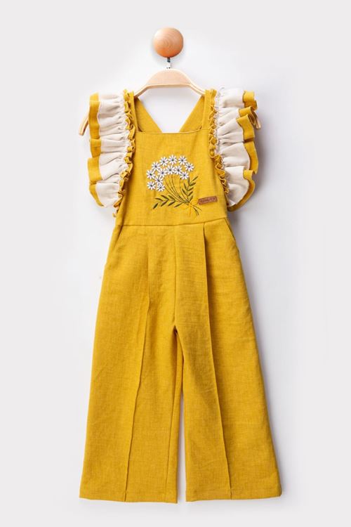 Miniğimin Cicileri Kolları Fırfır Detaylı Çiçek İşleme Kız Çocuk Tulum Salopet - Hardal