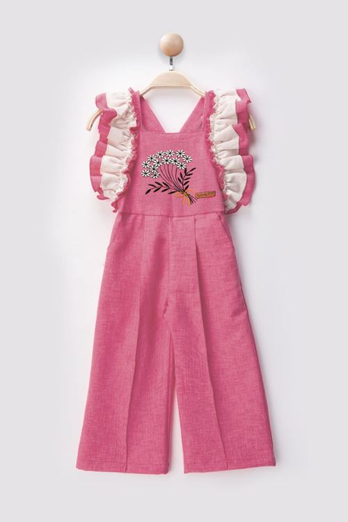 Miniğimin Cicileri Kolları Fırfır Detaylı Çiçek İşleme Kız Çocuk Tulum Salopet - Pembe