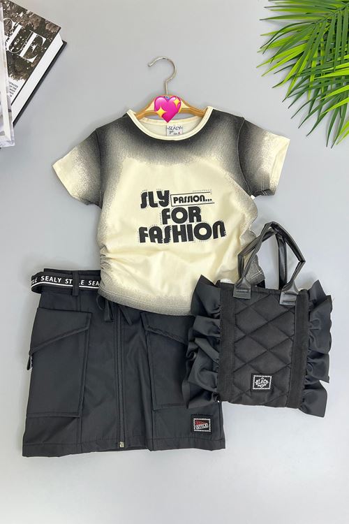 Miniğimin Cicileri Sly Fashion Çantalı Kız Çocuk 3 lü Etekli Takım - Siyah