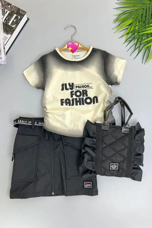 Miniğimin Cicileri Sly Fashion Çantalı Kız Çocuk 3 lü Etekli Takım - Siyah