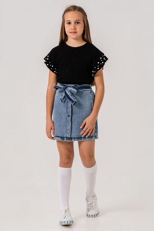 Miniğimin Cicileri Kol Taş Detaylı Kot Etekli Kız Çocuk 2 li Takım - Siyah