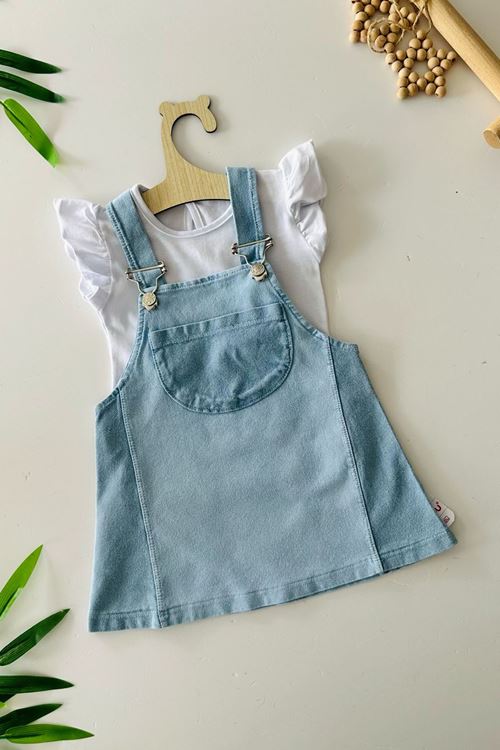 Miniğimin Cicileri Kız Bebe Cepli Çift Renk Yumuşak Kot Jile Takım - Açık Mavi