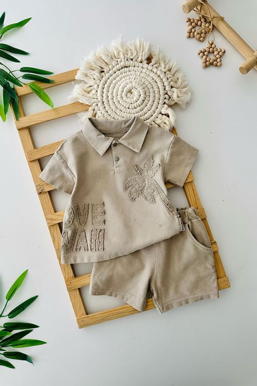 Miniğimin Cicileri Love Palmiye İşlemeli Erkek Bebe Yumuşak Kotlu 2 li Takım - Kahve