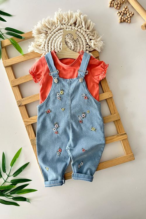 Miniğimin Cicileri Çiçek İşleme Detaylı Yumuşak Kotlu Kız Bebe 2 li Takım - Nar Çiçeği