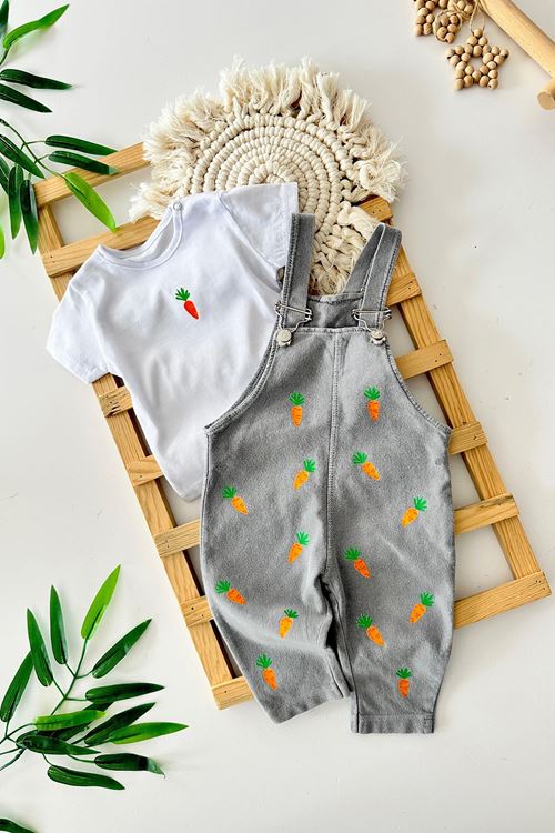 Miniğimin Cicileri Havuç Baskılı Yumuşak Kotlu Unisex Bebe 2 li Takım - Gri