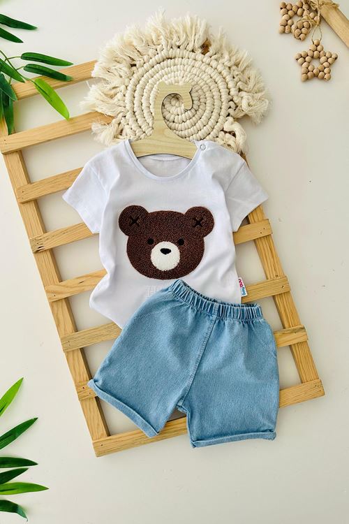 Miniğimin Cicileri Ayıcık Panç İşlemeli Yumuşak Kotlu Unisex Bebe 2 li Takım - Mavi