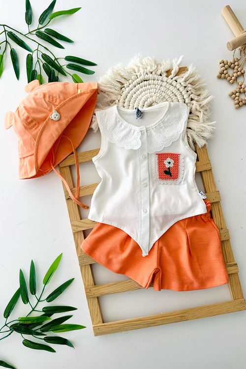 Miniğimin Cicileri Güpür Yakalı Cep Çiçek Örgü Detaylı Pamuklu Kız Bebe 2 li Şortlu Takım - Turuncu