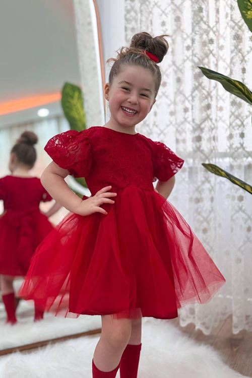 Miniğimin Cicileri Dantel Detaylı Kız Çocuk Tüllü Abiye - Kırmızı