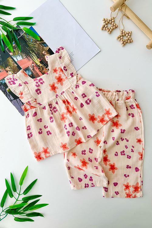 Miniğimin Cicileri Pamuklu Müslin Çiçek Desenli Kız Bebe 2 li Takım - Yavruağzı