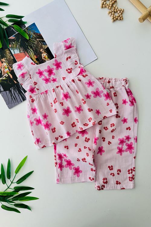 Miniğimin Cicileri Pamuklu Müslin Çiçek Desenli Kız Bebe 2 li Takım - Leylak