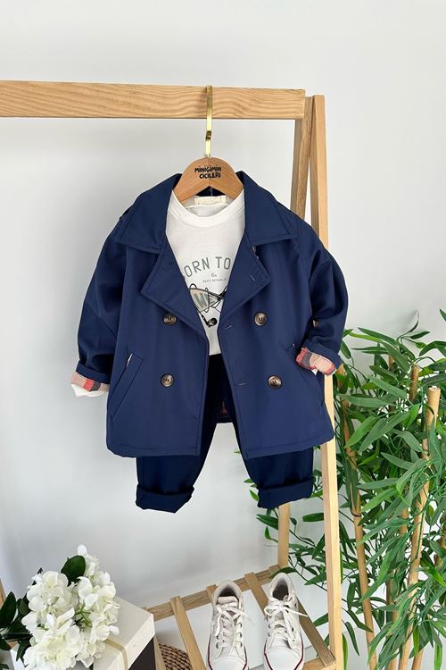 Miniğimin Cicileri Düğmeli Renkli Astarlı Trençkotlu Unisex 3 lü Takım - Lacivert