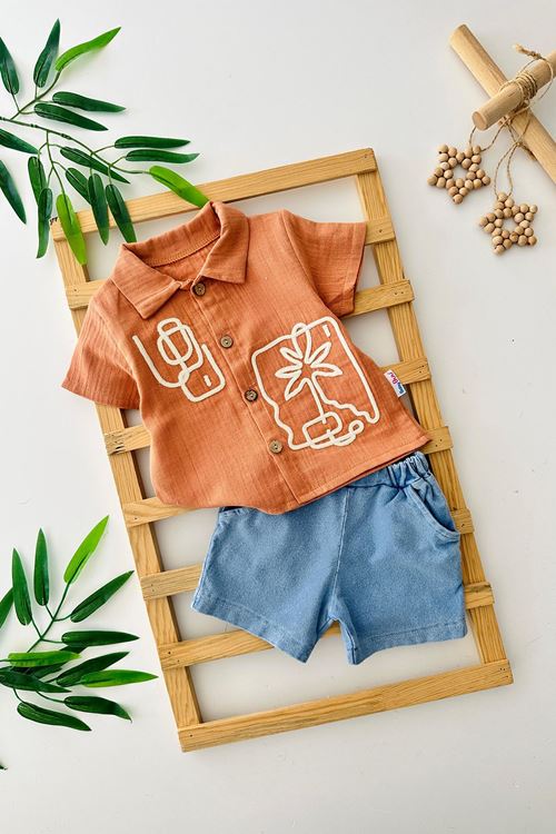 Miniğimin Cicileri Palmiye Panç İşleme Detaylı Erkek Çocuk Kot Şortlu Takım - Turuncu