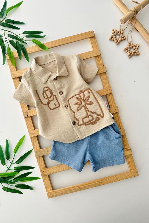 Miniğimin Cicileri Palmiye Panç İşleme Detaylı Erkek Çocuk Kot Şortlu Takım - Kahve