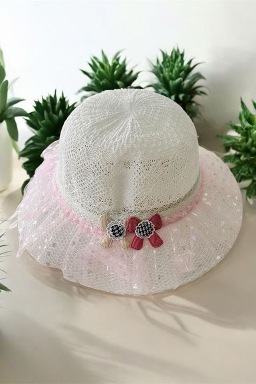 Miniğimin Cicileri (6-12 Yaş) Tüllü Hasır Kız Çocuk Şapka - Beyaz