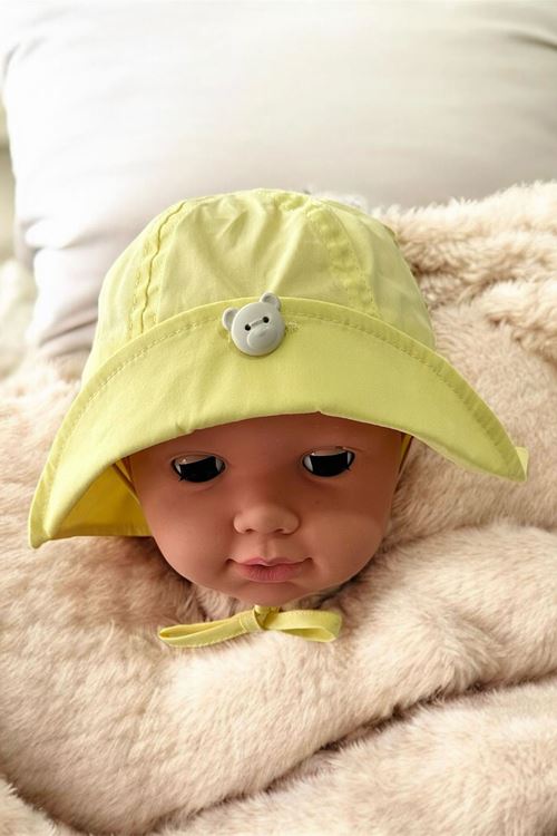 Miniğimin Cicileri (4-8 Yaş) Ayıcık Düğme Detaylı Kız Çocuk Bez Şapka - Sarı