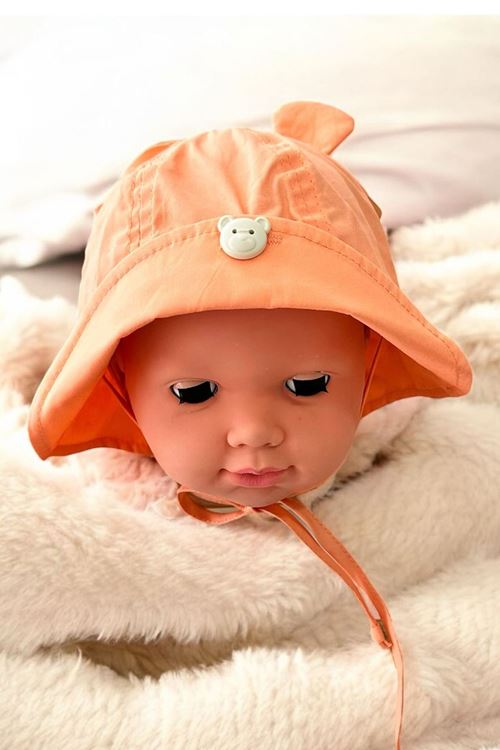 Miniğimin Cicileri (4-8 Yaş) Ayıcık Düğme Detaylı Kız Çocuk Bez Şapka - Turuncu