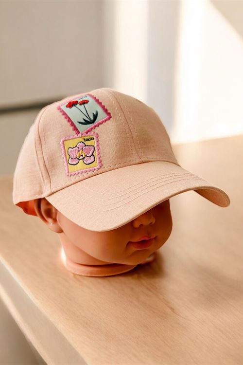 Miniğimin Cicileri (4-8 Yaş) Çiçek İşlemeli Kız Çocuk Kep Şapka - Somon