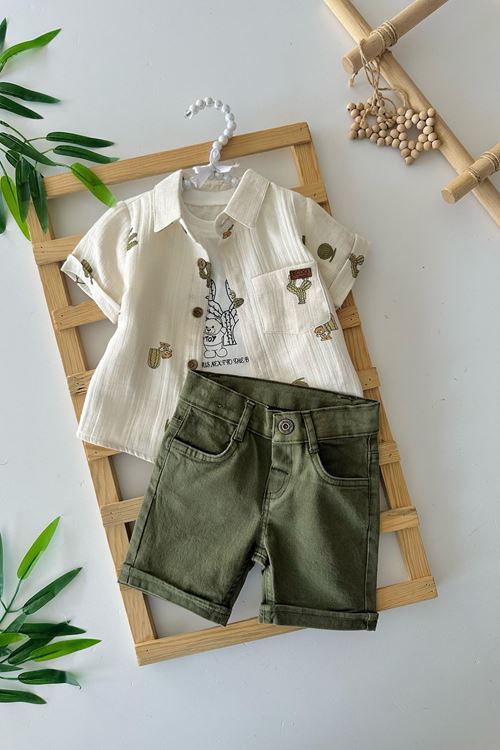 Miniğimin Cicileri Müslin Gömlekli Kaktüs Desenli Erkek Bebek 3 lü Şortlu Takım - Yeşil