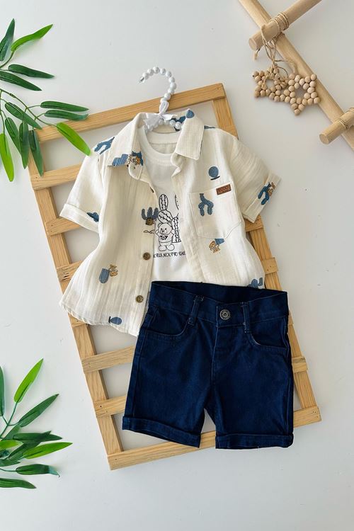 Miniğimin Cicileri Müslin Gömlekli Kaktüs Desenli Erkek Bebek 3 lü Şortlu Takım - Mavi