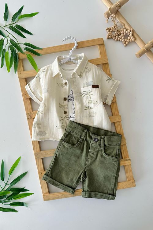 Miniğimin Cicileri Müslin Gömlekli Safari Desenli Erkek Bebe 3 lü Şortlu Takım - Yeşil