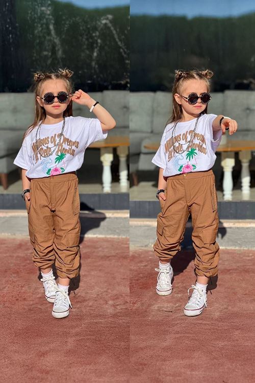 Miniğimin Cicileri Millions Kargo Cepli Paraşüt Pantolon ve Tşört - Kahverengi