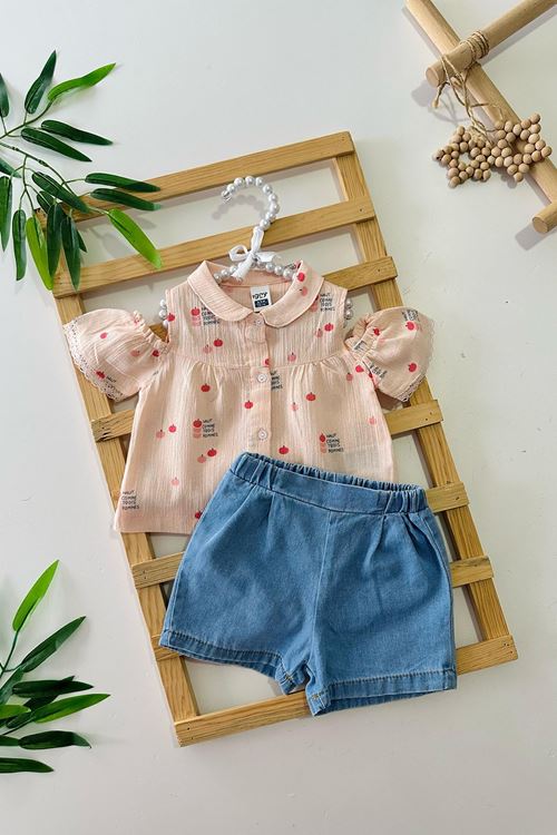 Miniğimin Cicileri Müslin Kiraz Desenli Yumuşak Kot Şortlu Kız Bebek 2 li Takım - Somon