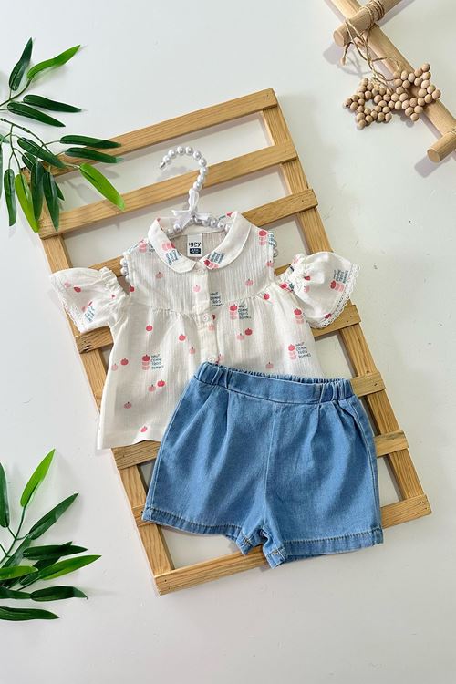 Miniğimin Cicileri Müslin Kiraz Desenli Yumuşak Kot Şortlu Kız Bebek 2 li Takım - Beyaz