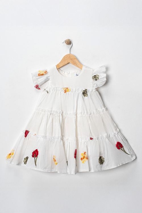 Miniğimin Cicileri Nakış işleme Pamuk Kız Çocuk Elbise - Beyaz