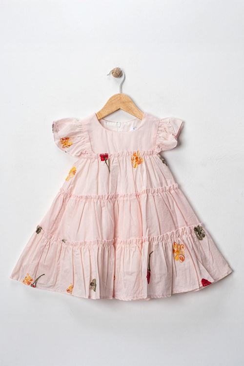 Miniğimin Cicileri Nakış işleme Pamuk Kız Çocuk Elbise - Pudra