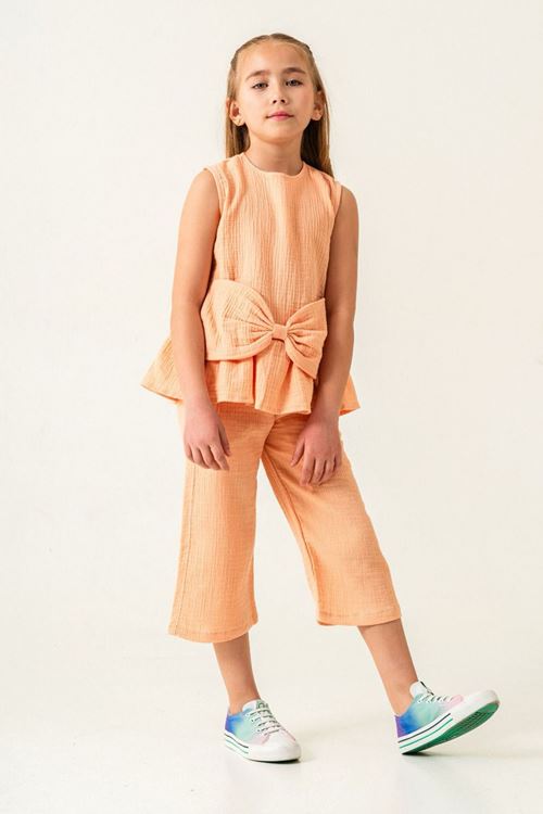 Miniğimin Cicileri Müslin Pamuklu Fiyonk Detaylı Kız Çocuk Kapri 2 li Takım - Turuncu