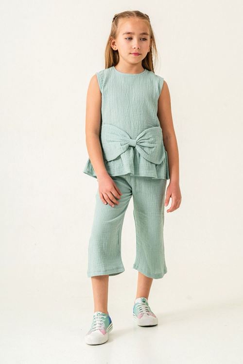 Miniğimin Cicileri Müslin Pamuklu Fiyonk Detaylı Kız Çocuk Kapri 2 li Takım - Yeşil