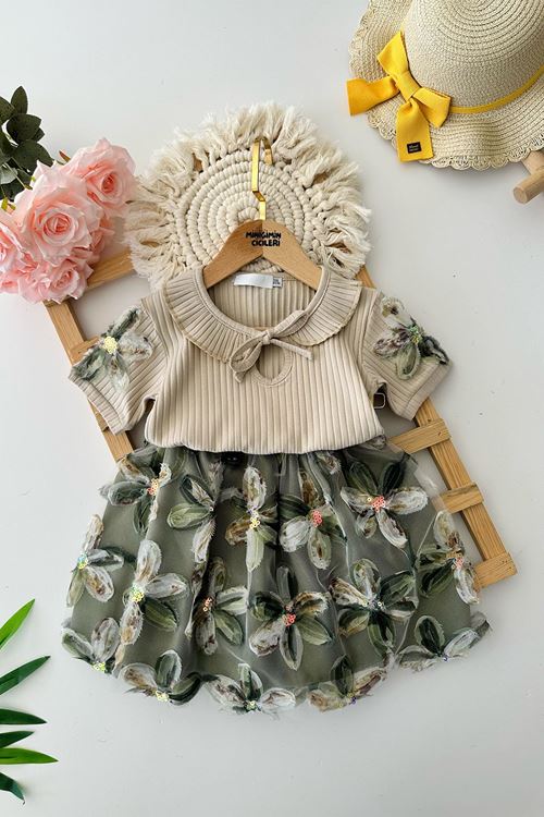 Miniğimin Cicileri Eteği Zambak Desenli Renkli Payetli Kız Çocuk 2 li Takım - Yeşil