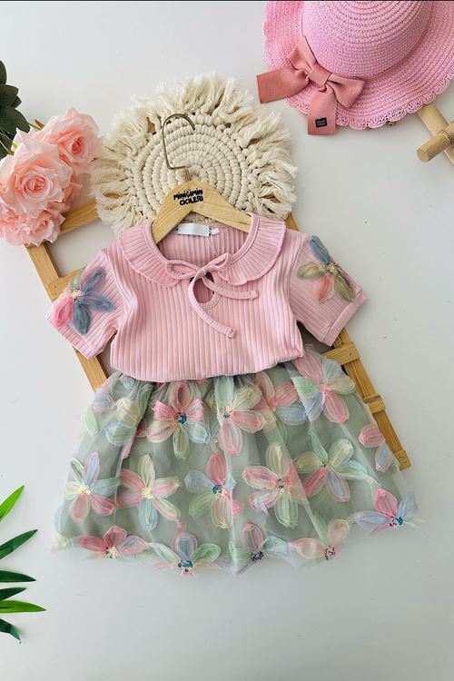 Miniğimin Cicileri Eteği Zambak Desenli Renkli Payetli Kız Çocuk 2 li Takım - Pembe